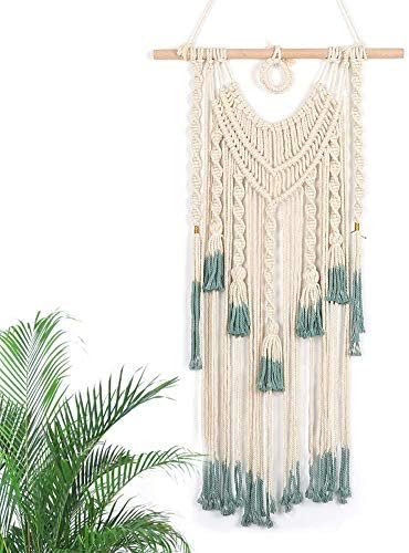 Alynsehom Macrame Wall Hanging Green and Beige Woven Tapestry Boho Chic Tassels Pendant Hippie Bohemian Wall Art Bedroom Living Room Dorm Backdrop Home Decorations, 33"x 18"(Green&Beige)