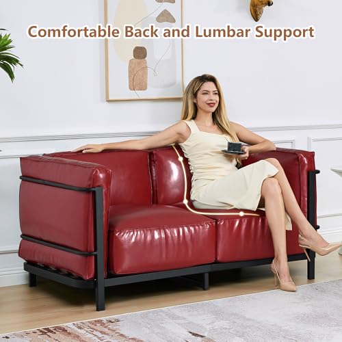 Image of 3 Piece Living Room Sofa set, Mid-Century Modern Upholstered Couch Chair Faux Leather Sofa Couch with Iron Frame and Upholstered Armrest Backrest Cushion for Living Room, Office, Apartment (Burgundy)