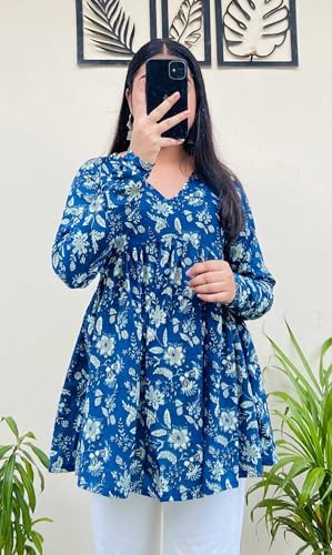 Image of Women's Rayon Floral Printed A-Line Tunic Top | Stylish Casual Wear | V-Neck Long Sleeve Kurti Top