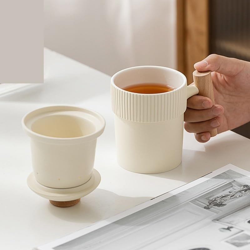 Tasse à thé Tasse à thé en céramique jaune crème, simple et personnalisée, avec poignée en bois et couvercle filtrant Récipient de trempage(C)