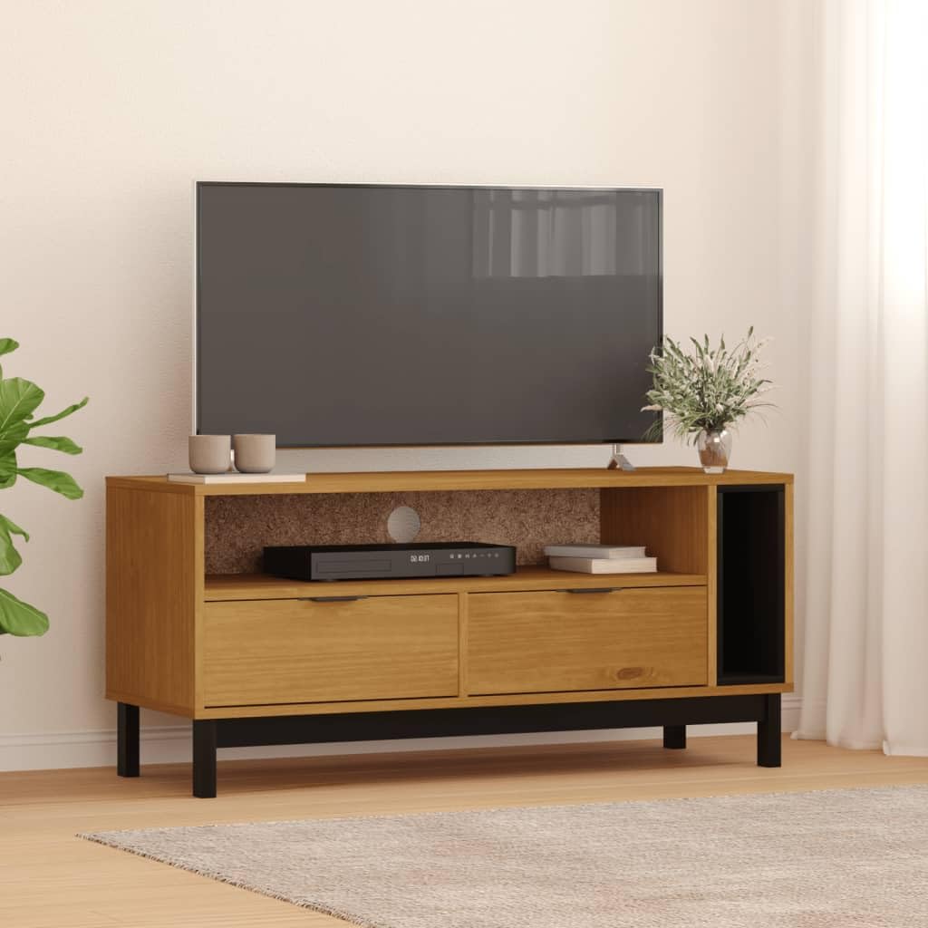 FLAM - Mobile per TV in legno di pino massiccio effetto rovere, 110 x 40 x 50 cm, con vano portaoggetti, cassetti, scomparti aperti e canalina per cavi, per soggiorno, home theater, camera da