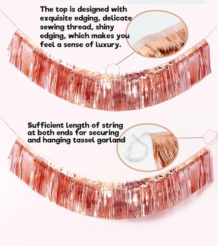 Image of Premium Rose Gold Fringe Tinsel Garland for Party Decorations -4 Layers Thick, 2 Pack | LILF Foil Metallic Banner Party Streamers for Wedding Birthday Christmas Decoration Home Hanging