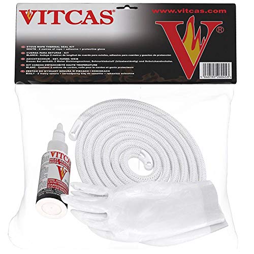 VITCAS 8mm White Stove Rope Seal + Glue (KIT) - High Temperature Rope Adhesive- Sealing- Gasketing- Fire Rope- Thermal Rope with Protective Gloves