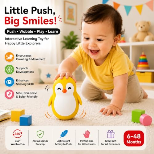 Image of Penguin Roly-Poly Toy, Wobble and Tumble Stress Relief Fidget, Fun Desk Toy for Kids and Adults (Yellow)
