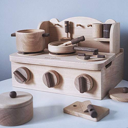 Pretend Play Kitchen Toy Set Puzzle Vintage Wooden Toys Kitchen Playset Vibrant Wood Kids Play Kitchen With Cookware Accessories Classic Kids Play Kitchen, Wood Color Helps the Toddler's Fine Motor Sk