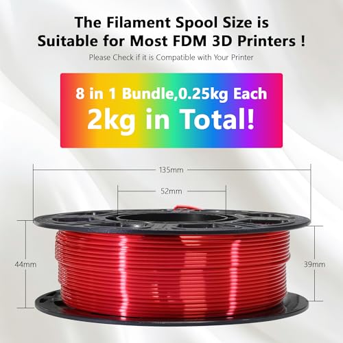 Image of 1.75mm Silk Shiny PLA 3D Printer Filament 8 Bright Colors Bundle: Silk Yellow /Lime Green /Orange /Sky Blue /Pink /Cyan /Red /Purple, Each Spool 250g, Total 2Kg 3D Printing Material, 250g x 8 Spools