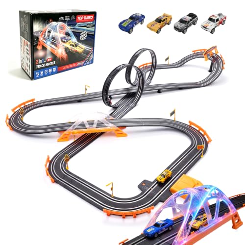 Slot Car Race Track Set for Kids – 28ft Electric Race Car Track with 4 Slot Cars, Dual Racing Tracks, Lap Counter & LED Overpass, Car Track Toy Gift for Boys Ages 6–12