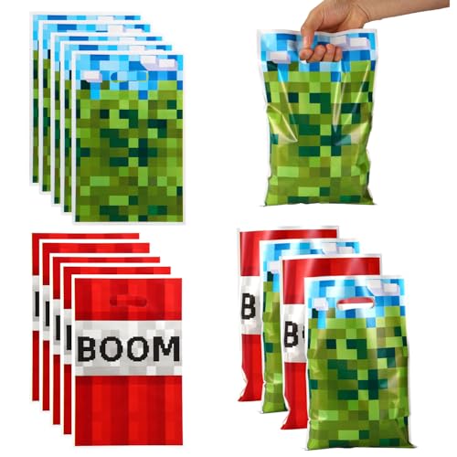 50pcs Party Favor Bags, Video Game Theme Gift Treat Bags Boom Plastic Candy Snack Bag with Handles for Kids Boys Girls Gamers Birthday Party Supplies (Blue, Green, Red)
