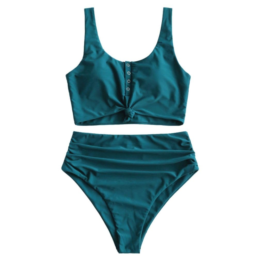 ZAFUL High Waist Bauchweg Bikini Set Kippschalter Verknotet Gepolstert Zwei Stück Gerafft Tankini Badeanzug Bademode für Damen