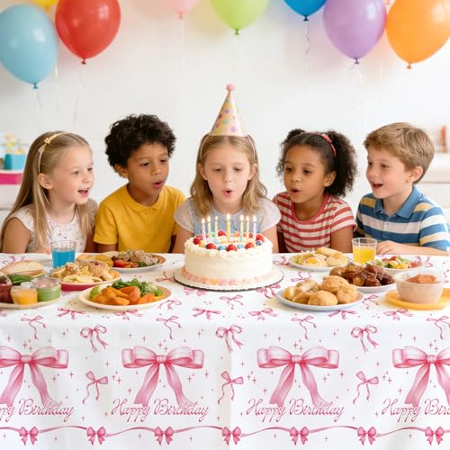 Image of Gatherfun Pink Bow-Themed Party Supplies Set for Women: Happy Birthday & Bachelorette Decorations Combo - Includes 2 Disposable Tablecloths (54 x 108 inch) for Birthday & Tea Party Decorations