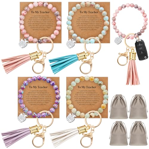 Landical Teacher Appreciation Beaded Bracelets Keychain Gifts in Bulk for Women Silicone Keychain Thank You Message Card(4 Sets,Natural Stone)