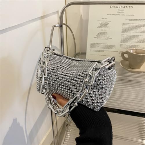Shoulder Bags Crossbody Underarm Bag Thick Chain Handbag Women(Silver)3