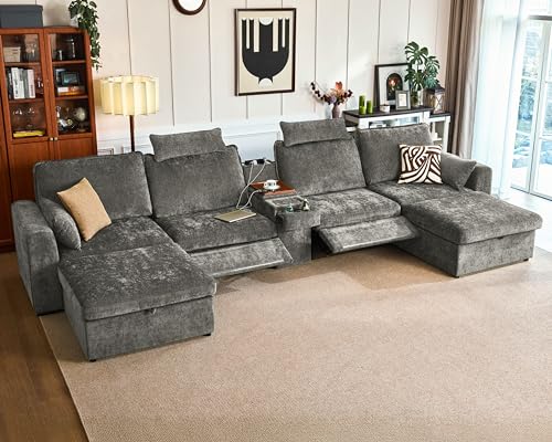 Image of 174.4'' Oversized Modular Power Recliner Sofa with Headrest, Deep Cloud Couch with Table, Charging Cup Holders, Convertible U-Shaped 6-Seater Sectional with 2 Storage Ottomans, Chenille, Grey