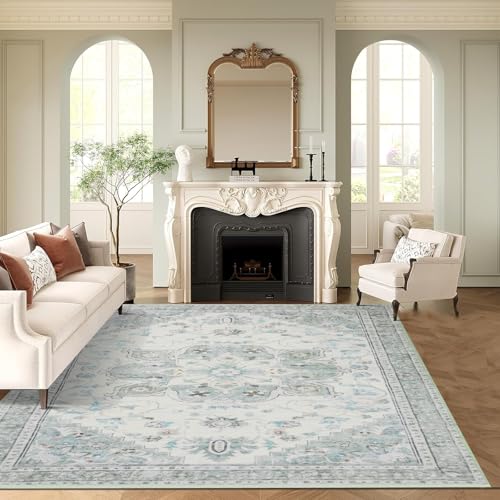 Inlume 8x10ft Green Retro Floral Blue Modern Abstract Area Rug for Living Room, Bedroom, Office,Dining Room or entryway - Machine Washable Anti-Slip Carpet