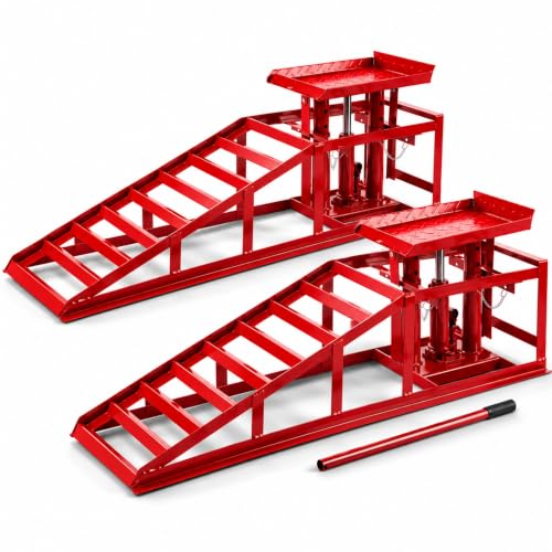 Arebos Lot de 2 Rampes d&rsquo;Acc&egrave;s avec Cric Hydraulique 2T | Pont &Eacute;l&eacute;vateur Auto XXL | Largeur d&rsquo;Acc&egrave;s 257 mm | Plateforme de Levage avec Soupape de S&eacute;curit&eacute; | Hauteur R&eacute;glable | Rouge