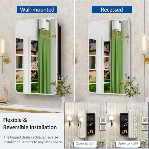 ACEMIRO 20x28 Inch Recessed Medicine Cabinet with Mirror Metal Framed Surface Wall Mounted Bathroom Mirror Medicine Cabinet with Storage Brushed Silver by ACEMIRO - Image 3