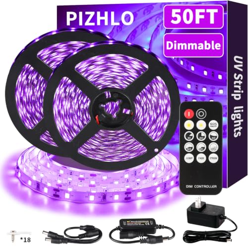 PIZHLO 50 Foot Black Light Strips & Remote, Dimmable Flexibl