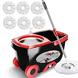 Spin Mop Bucket Floor Cleaning - Tsmine Mop and Bucket with Wringer Set Commercial Spinning Mopping Bucket Cleaning Supplies with 6 Replacement Refills,61' Extended Handle for Household Hardwood Floor