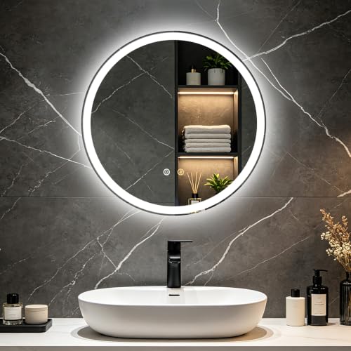 Olyvren 50 cm runder Badezimmerspiegel mit LED-Beleuchtung, Wandmontage – Ansicht 1
