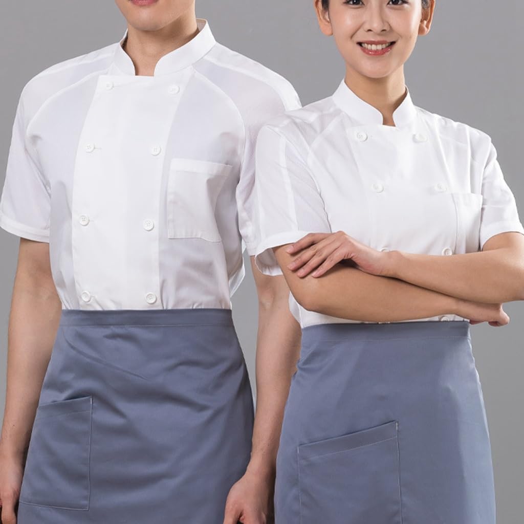 Short Sleeve Unisex Chef Coats Working Chef Uniform with Pocket Kitchen Cooking Jacket Button Closure