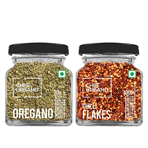 Image of Chef Urbano Combo of Oregano 70g and Chilli Flakes 100g | Combo (Pack of 2) | Italian Herbs | Pizza and Pasta Seasoning | Premium Herbs and Spices | Flakes /Leaves | Glass Bottle