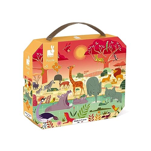 Janod - Puzzle Enfant Réserve Animalière 54 Pièces - Jeu Educatif Motricité Fine et Concentration - Valisette Poignée - Fabriqué en France - Certifié FSC - Encres Végétales - Dès 5 Ans, J02650