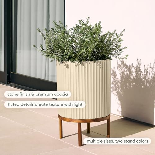 Image of Veradek Demi Series Raised Planter - Round Planter with Stand | Made From a Durable Plastic-Stone Composite & Comes With Wooden Stand. Modern Porch /Patio Decor