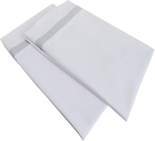 Juego de fundas de almohada de 2 piezas de color blanco súper suave, 100% microfibra cepillada, tamaño King, resistente a las arrugas, con detalle