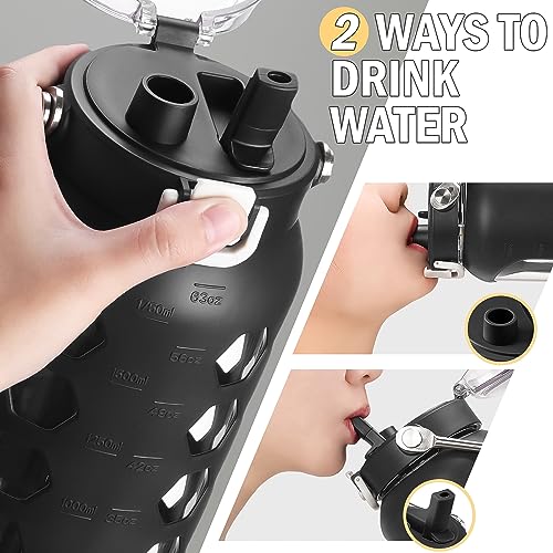 MUKOKO 64oz Glass Water Bottles with Straw and Lid,Half Gallon Water Bottle with Time Marker,Large Glass Water Jug with Silicone Sleeve and Stainless Steel Handle-Black - Image 6