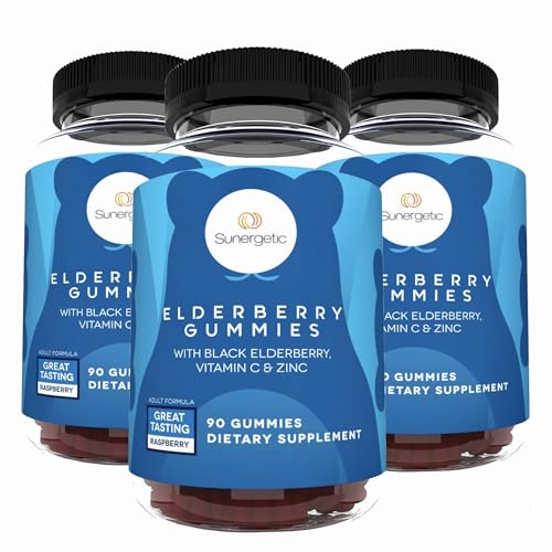 Image of Sunergetic Premium Black Elderberry Gummies - Black Elderberry with Vitamin C & Zinc - Helps Support Immune System - Great Tasting Sambucus Elderberry Gummies - Raspberry Flavored - 90 Gummies