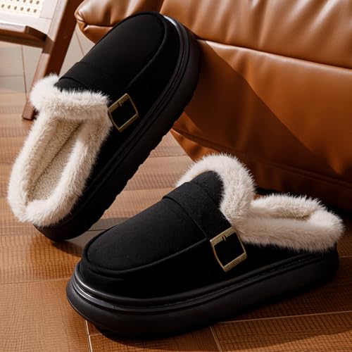 Women's Fuzzy Platform Slippers with Adjustable Buckle, Non-Slip Sole Cozy Comfy Warm Faux Fleece Lined Winter Shoes Indoor Outdoor Slip On Memory Foam Fuzzy House Slippers Plush Slides3