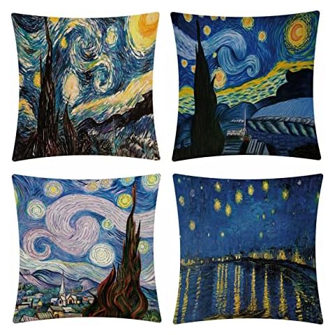 For Van Gogh Art Starry Night Pillowcase 4 Piece Linen Cushion Cover Home Car Decorative Pillowcase 18 x 18 Inch, Square Decorative Pillowcase, Living Room Bedroom Sofa Cushion Cover Mattress Cover