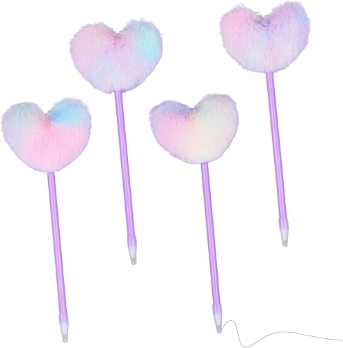 PEUTIER 4 bolígrafos con pompones, bolígrafos esponjosos en forma de corazón de teñido anudado para niñas, bolígrafos de felpa suave con pompón para