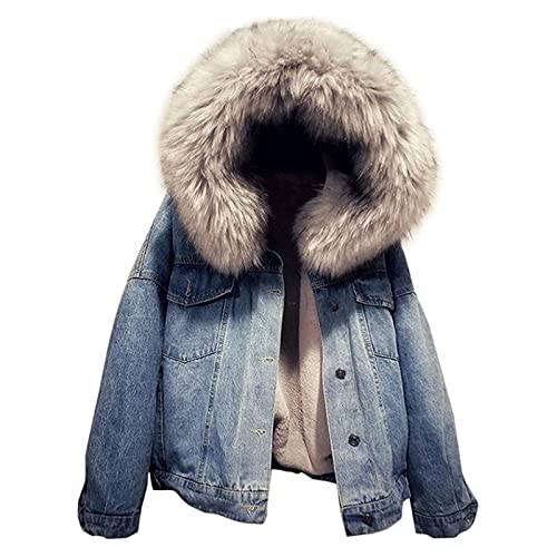Yokbeer Winterjacke Damen Mit Fell Jeansjacke Mantel Mit Pelzkragen Damen...