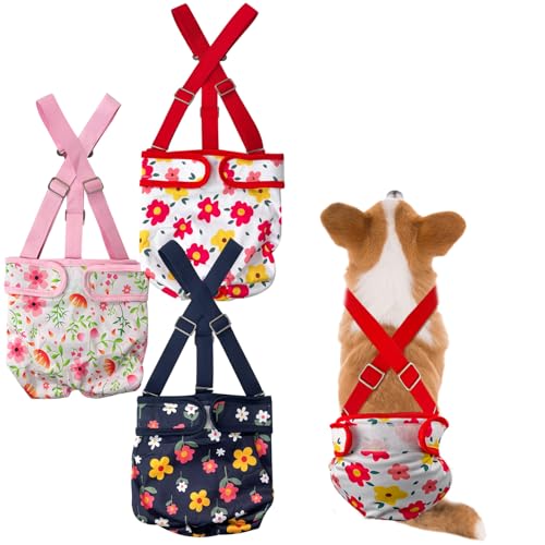 3 Pack Washable Female Dog Diaper with Suspender,Reusable Fixed Doggie Diapers Super Absorbent Leakproof for Small Medium Large Dog in Heat Cycle-M