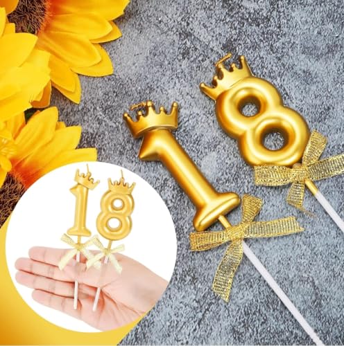 Image of Number 18 or 81 Candle with Crown for Birthday, Wedding, Valentines Day Celebration, Bridal Shower, Bachelorette Cake Topper for Decoration, 2 pc, Gold