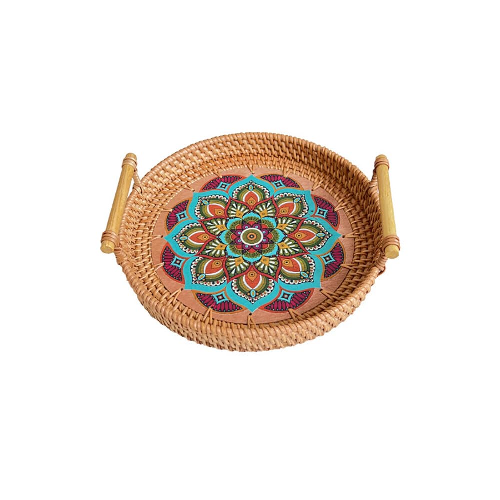 Rattan Serving Tray with Handles,Rattan Handwoven Round Tray Breakfast Picnic Storage Tray,for Storage Breakfast, Drinks,Snack, Fruit Creative Color Print Flower Shallow Flat Botto