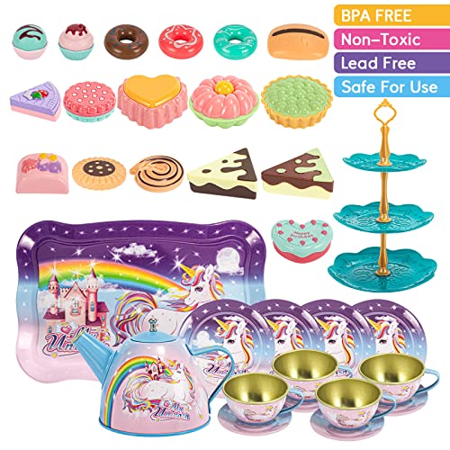 Springflower Tea Party Set For 3 4 5 6 Years Little Girls,Unicorn Gift Pretend Play Toy Including-Tin Tea Set & Carrying Case & Desserts,Kitchen Pretend Play Toy For Kids,32 Pcs #TOP6