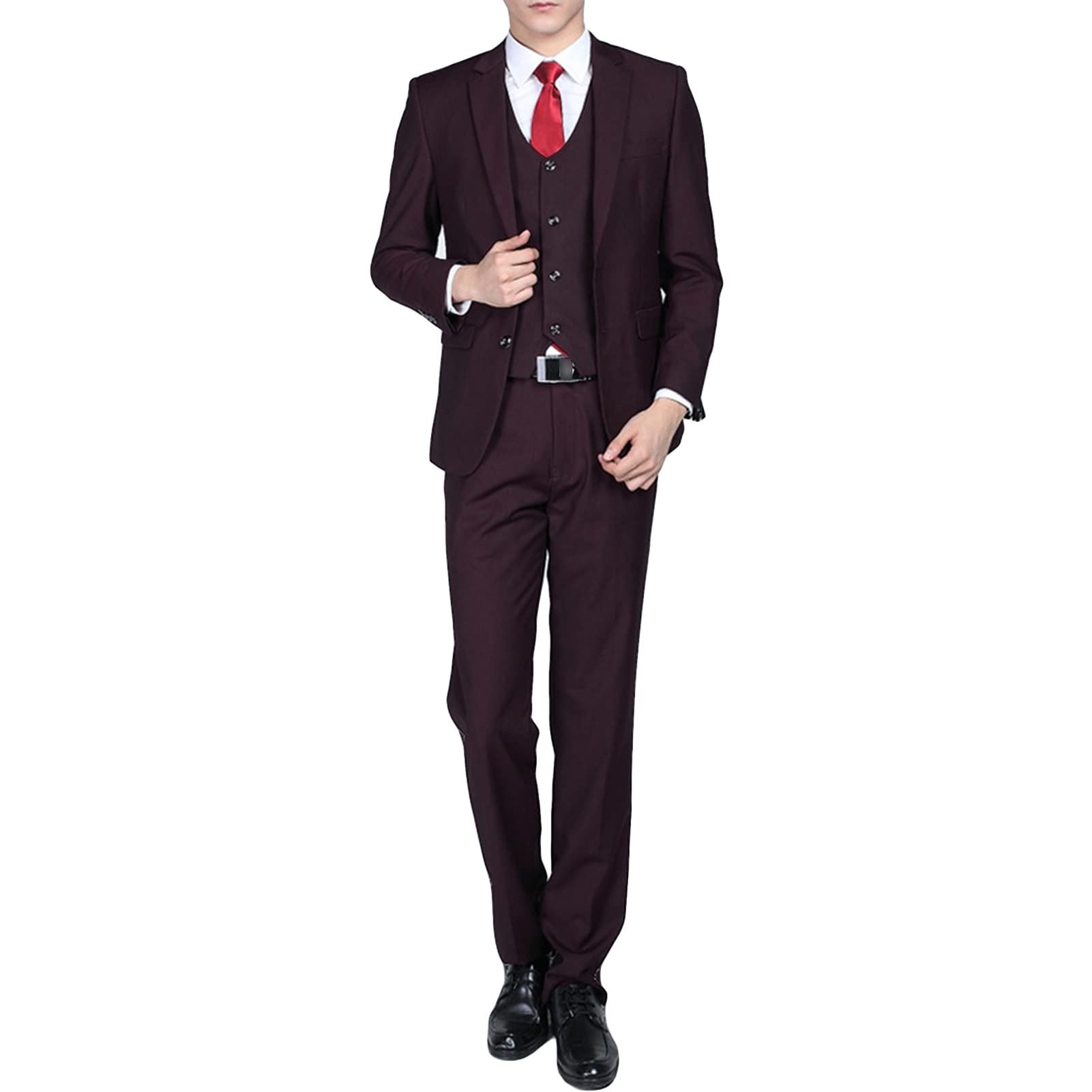 Men' 3 Piece Solid Color Suit Set Single Breasted Slim Jacket Vest Pants Formal Business Wedding Prom Blazer Sets (Purple 2,4X-Large)