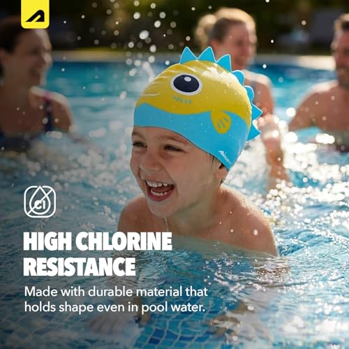 Image of Boldfit DinoSplash Kids Swimming Cap Fun Yellow & Blue Dinosaur Theme Non-Slip Silicone Swim Cap for Boys & Girls (Age 3-12)