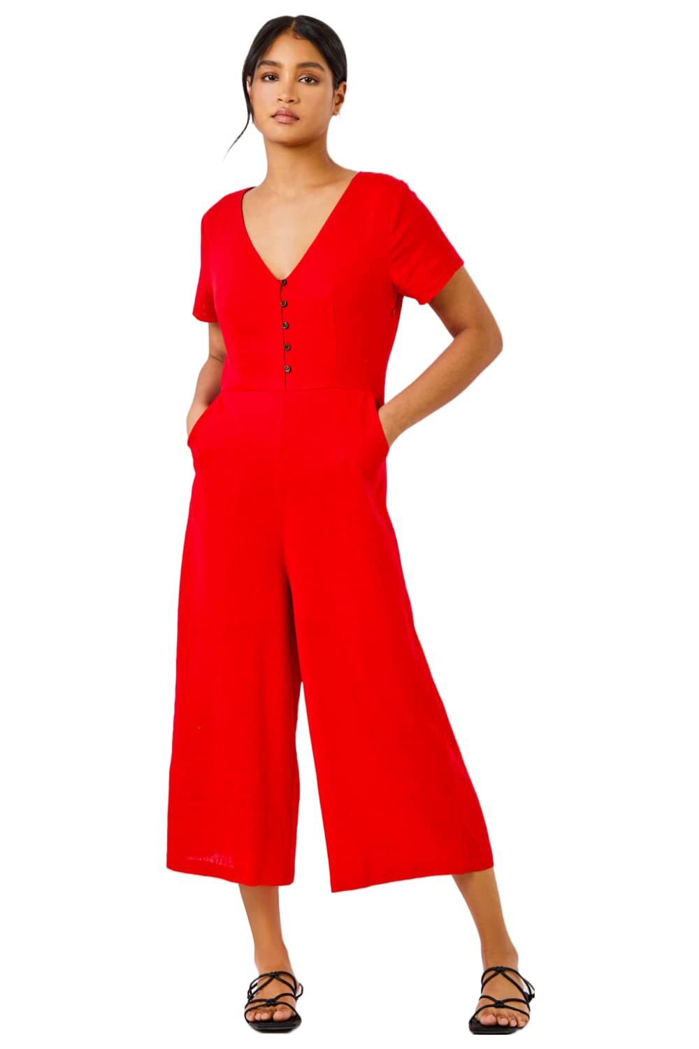 Roman OriginalsWomen Linen Wide Leg Jumpsuit - Ladies Spring Everyday Summer Holiday V-Neckline Comfy Short Sleeve Soft Button Front Cotton Vacation Playsuits