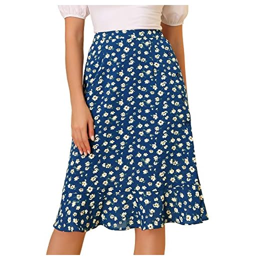 Allegra K Women's Floral Skirts Ruffle Elastic High Waist Button Flowy Split Midi Skirt Small Blue