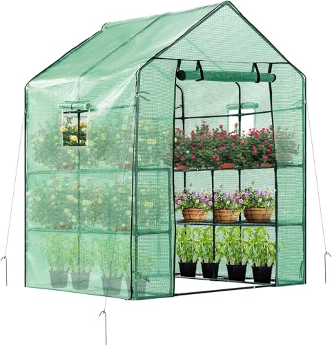Image of VIVOSUN 57x57x77 Inch Mini Walk in Green House with Window and Anchor, Plant Garden Hot House 2 Tiers 8 Shelves, 4.7 x 4.7 x 6.4 FT