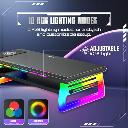 Image of CLAW Dock Pro T9 Monitor & Laptop Stand with 15W Wireless Charging, USB-C PD Input, Fast Charge USB-C & USB-A, Dual USB 3.0 Ports, Headphone /Mic Ports, 10 RGB Modes Metal Build, 30kg Load, Drawer for office, home and gaming use