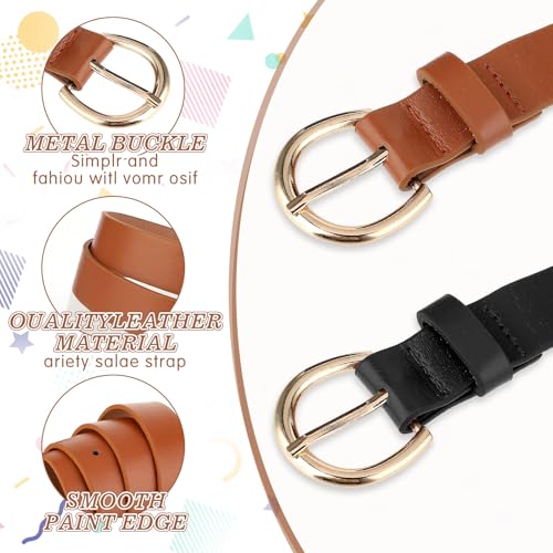 2pcs Girls Leather Belt for Kids,Girls Belts Size 10-12 Women,Jeans with Gold Square Buckle,Black Casual Leather Belt,Girl Brown Elastic Stap with Double O Ring Buckle for Jeans Pants Dresses3