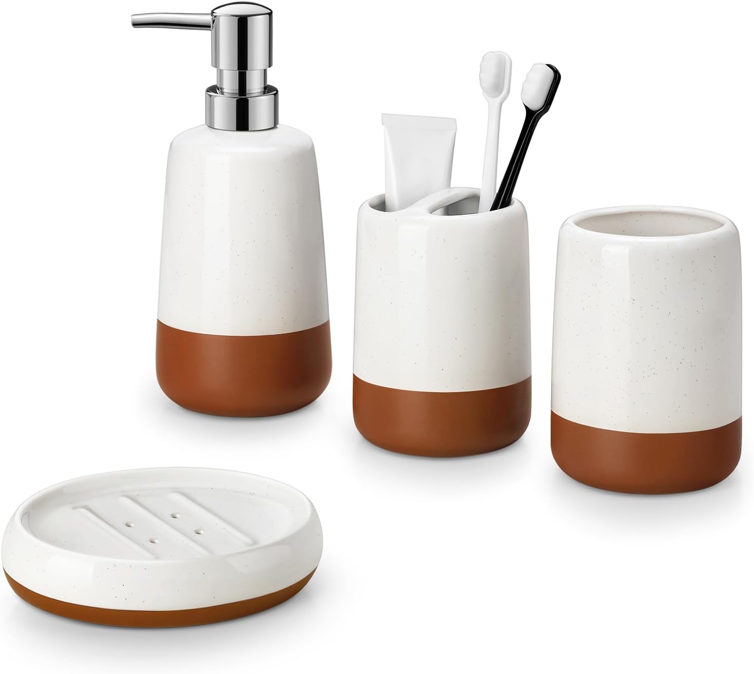 MALACASA Ceramic Bathroom Accessories Sets, 4 PCS,Soap Dispenser, Toothbrush Holder, Toothbrush Cup and Soap Dish, Durable Bathroom Sink Set for Modern Home Decor,Gift Set, Khaki White MALACASA Ceramic Bathroom Accessories Sets, 4 PCS,Soap Dispenser, Toothbrush Holder, Toothbrush Cup and Soap Dish, Durable Bathroom Sink Set for Modern Home Decor,Gift Set, Khaki White