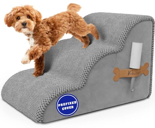 PAWZY-Foam-Pet-Stairs-for-Bed-Couch-or-Window-Prefixed-Cover-Wide-Steps-for-Small-Dogs-Puppies-Cats-Waterproof-Non-Slip-Base-3-Tier-Dog-Ramp-Stairs-Grey PAWZY Foam Pet Stairs for Bed Couch or Window Prefixed Cover Wide Steps for Small Dogs Puppies Cats Waterproof Non Slip Base 3 Tier Dog Ramp Stairs Grey