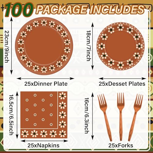 Image of 100 Pcs Cielito Lindo Plates Platos De Barro Mexicanos Mexican Party Plates and Napkin Set Mexican Fiesta Birthday Decoration Supplies Tableware Terracotta Flower Clay Pottery Party Favor Serves 25