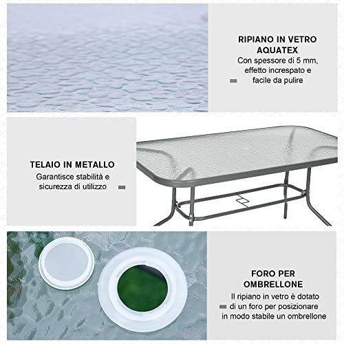 Outsunny Garden Dining Table Glass Top Metal Frame with Parasol Hole Outdoor Balcony Grey 140L x 80Wcm - Image 4