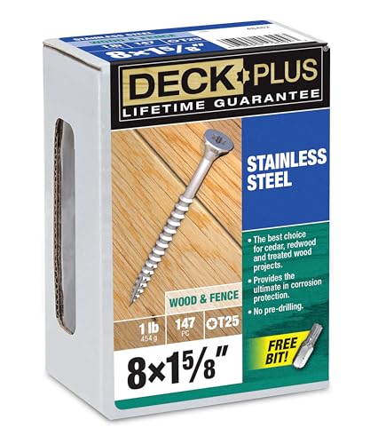 Image of Deck Plus 1-5 /8 Inch Epoxy Coated Exterior Wood and Fence Screws #8 x 1-5 /8 inch Torx /Star Drive Included Coarse Thread, Outdoor Rust Resistant Decking Screw, Silver, 1lb Box, 1015 Pieces | 48462